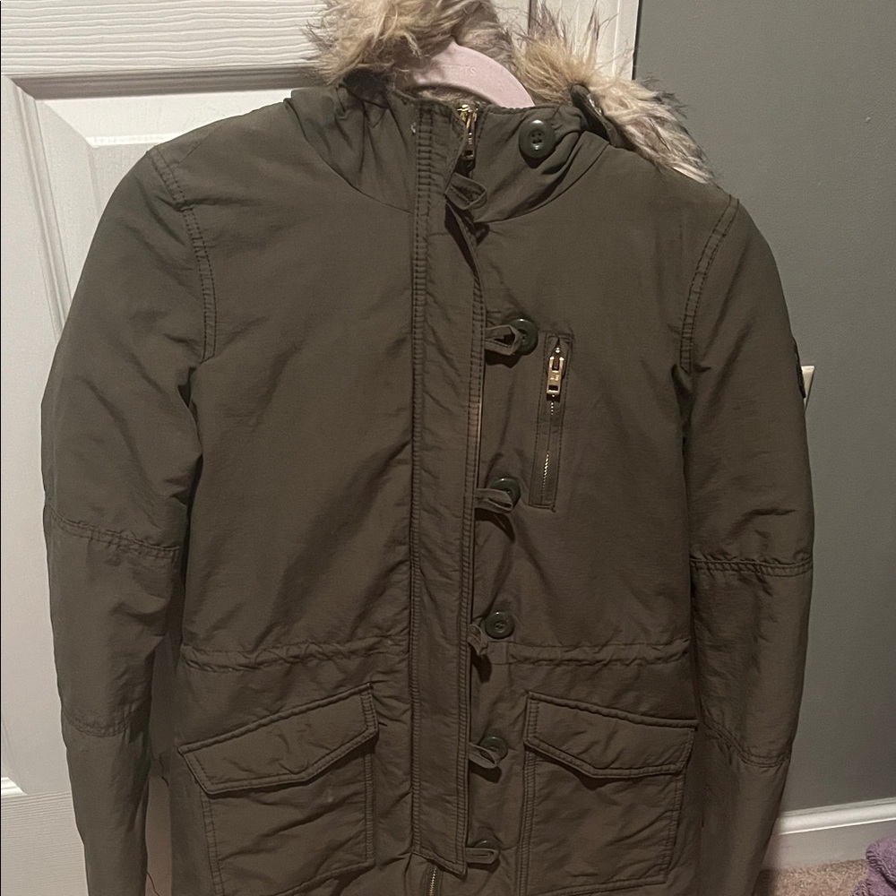 American Eagle Outfitters Olive Ski Jacket with Faux Fur Hood